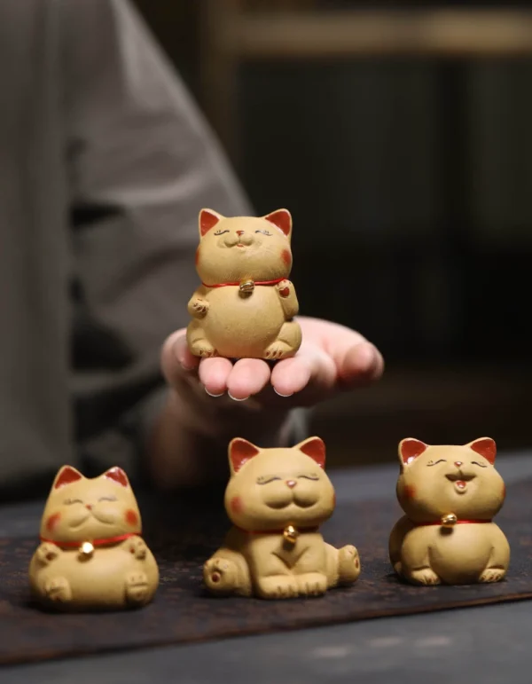 Handmade Purple Clay Tea Pet | Bell Orange Lucky Cat | Ceramic Decor | 招財貓紫砂茶寵