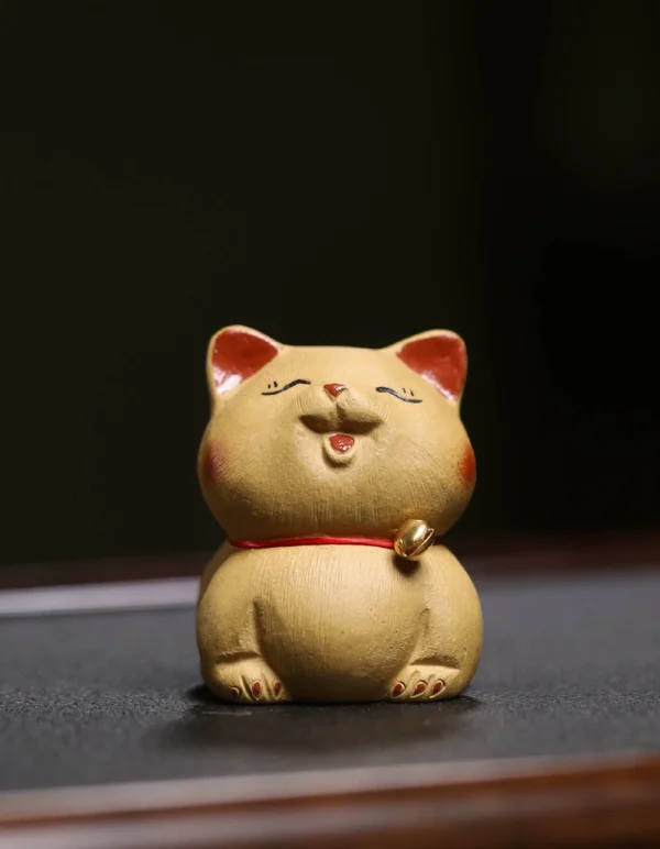 Handmade Purple Clay Tea Pet | Bell Orange Lucky Cat | Ceramic Decor | 招財貓紫砂茶寵