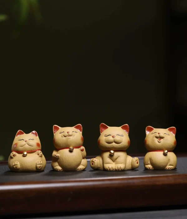 Handmade Purple Clay Tea Pet | Bell Orange Lucky Cat | Ceramic Decor | 招財貓紫砂茶寵