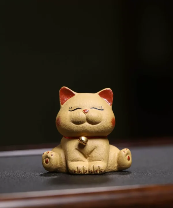 Handmade Purple Clay Tea Pet | Bell Orange Lucky Cat | Ceramic Decor | 招財貓紫砂茶寵