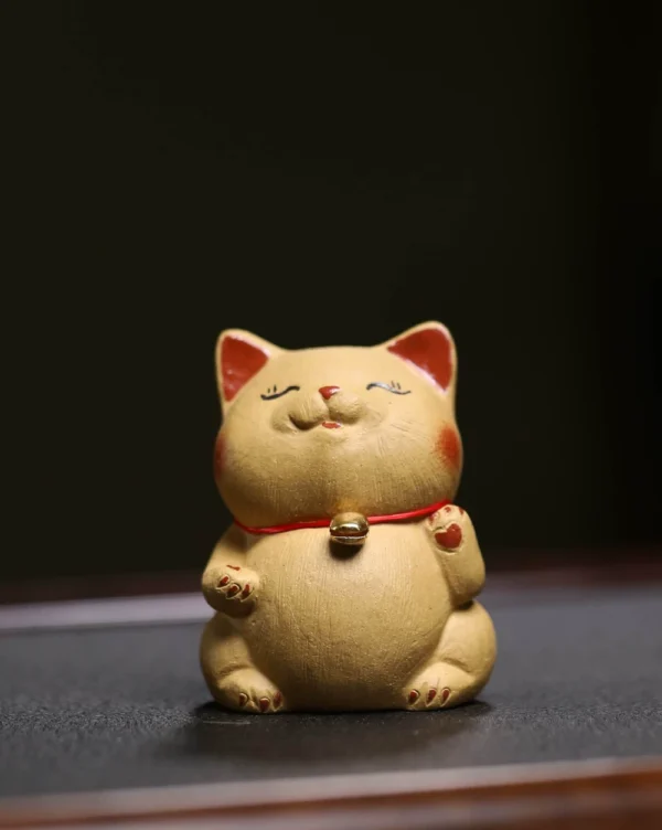 Handmade Purple Clay Tea Pet | Bell Orange Lucky Cat | Ceramic Decor | 招財貓紫砂茶寵