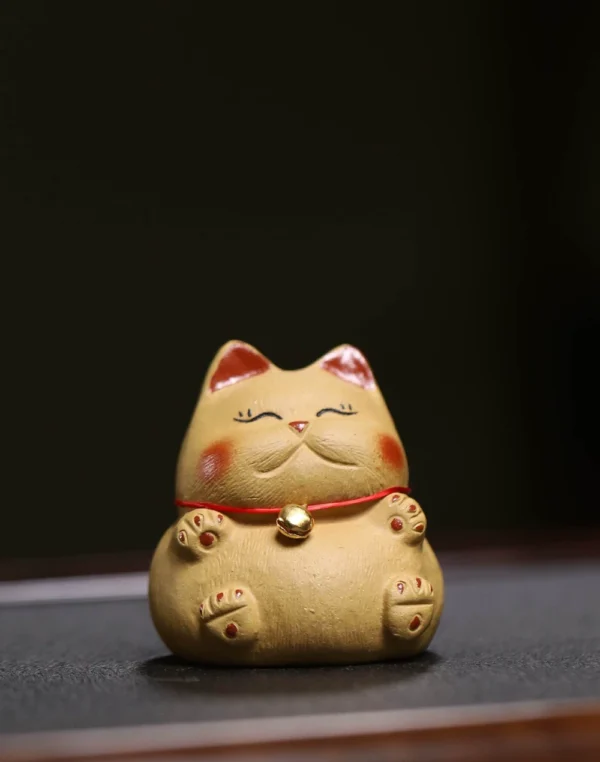 Handmade Purple Clay Tea Pet | Bell Orange Lucky Cat | Ceramic Decor | 招財貓紫砂茶寵