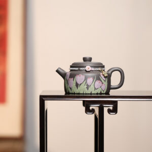 Slip Painting | Dezhong Teapot | Blue Grey Clay | 130ml | Slip-Painted Tulip | 泥绘郁金香