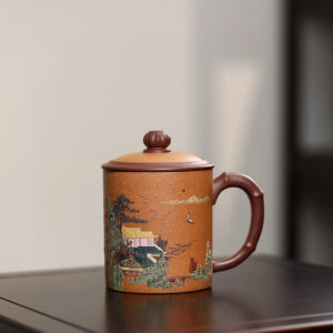 Premium Yixing Zisha Lidded Tea Cup | Piled Landscape Decoration | Zini Base Coated with Duan Clay Slip | 440ml | 山水盖杯